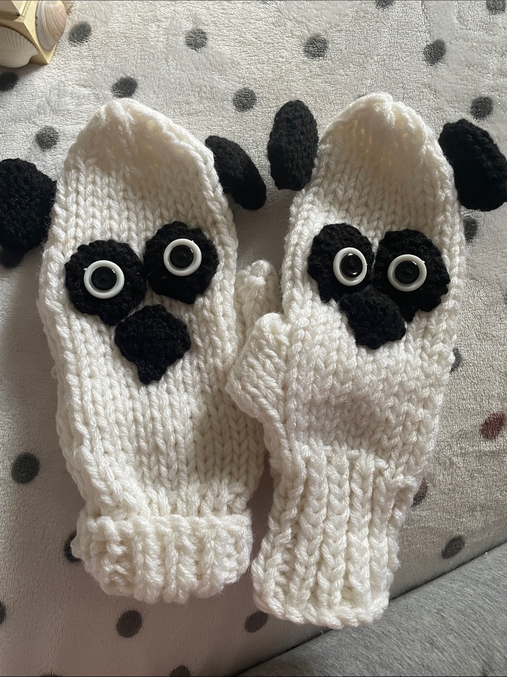 Handknit White & Black Panda Knit Mittens